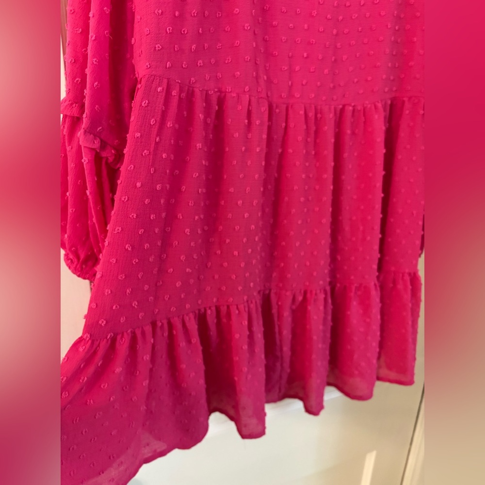CeCe Hot Pink Clip Dot Babydoll Dress L | Long Sleeve Balloon Sleeve - Picture 5 of 9